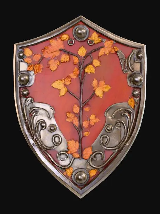 3D model for 一面风格化的盾牌，呈宽阔且棱角分明的多边形，其表面装饰着丰富的秋叶和缠绕藤蔓图案，色彩是深红、焦橙与金黄的组合。盾牌主体由抛光的金属构成，边缘和部分浮雕则以温润的木材呈现。整体质感光滑且坚硬，融合了金属的冷冽与木材的自然，触感冰凉厚重，展现出秋日战场上的沉稳与华丽。
