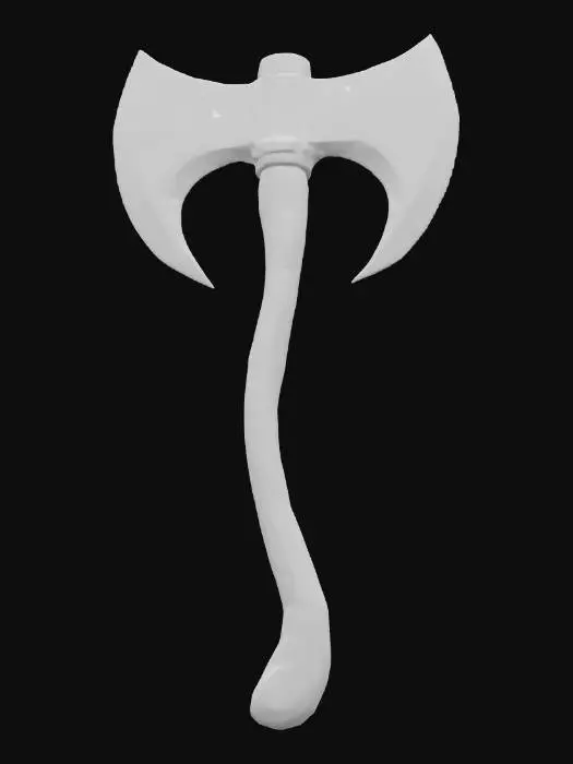 3D model for 一把风格化的战斧，拥有宽阔且棱角分明的斧刃，其木质斧柄上雕刻着密集的秋叶和缠绕藤蔓图案，呈现出深红、焦橙与金黄的斑斓色彩。斧刃由抛光的暗色金属打造，与木柄形成对比。整体造型充满力量感，木材的温润与金属的锋利相结合，触感冰凉而坚实，散发出秋林深处的野性与神秘。