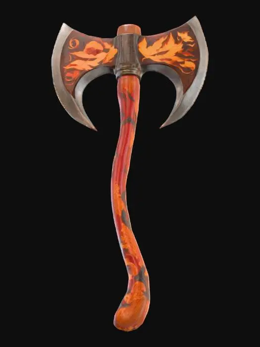 3D model for 一把风格化的战斧，拥有宽阔且棱角分明的斧刃，其木质斧柄上雕刻着密集的秋叶和缠绕藤蔓图案，呈现出深红、焦橙与金黄的斑斓色彩。斧刃由抛光的暗色金属打造，与木柄形成对比。整体造型充满力量感，木材的温润与金属的锋利相结合，触感冰凉而坚实，散发出秋林深处的野性与神秘。