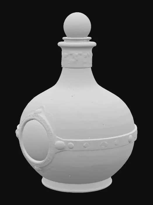 3D model for A squat, round-bodied apothecary bottle, predominantly aged copper, heavily blanketed by a thick, greenish-blue verdigris patina. Its surface is accented with numerous weathered brass rivets and intricate filigree bands that wrap around the form. A prominent, glossy red glass lens is deeply set into the front, framed by a textured, hammered brass ring. The bottle feels robust and cool, with a varied texture from the rough patina to the smooth glass.