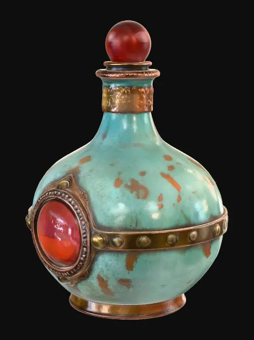 3D model for A squat, round-bodied apothecary bottle, predominantly aged copper, heavily blanketed by a thick, greenish-blue verdigris patina. Its surface is accented with numerous weathered brass rivets and intricate filigree bands that wrap around the form. A prominent, glossy red glass lens is deeply set into the front, framed by a textured, hammered brass ring. The bottle feels robust and cool, with a varied texture from the rough patina to the smooth glass.