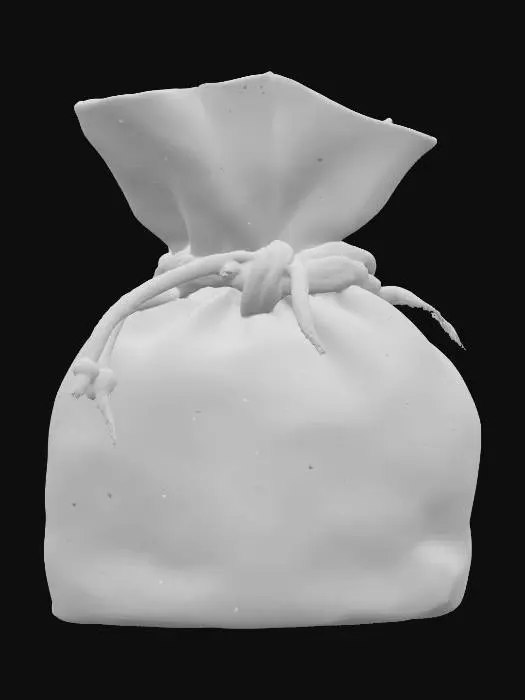 3D model for A worn leather pouch, small and cylindrical, crafted from thick, pliable cowhide with a slightly scuffed, matte finish. Its surface shows subtle creases from age, and a crude, dark twine cinches the opening. The material feels soft yet durable to the touch, and its earthy brown color is consistent throughout, suggesting a utilitarian, natural aesthetic.