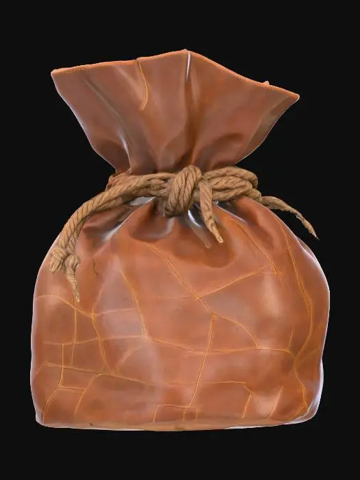 3D model for A worn leather pouch, small and cylindrical, crafted from thick, pliable cowhide with a slightly scuffed, matte finish. Its surface shows subtle creases from age, and a crude, dark twine cinches the opening. The material feels soft yet durable to the touch, and its earthy brown color is consistent throughout, suggesting a utilitarian, natural aesthetic.