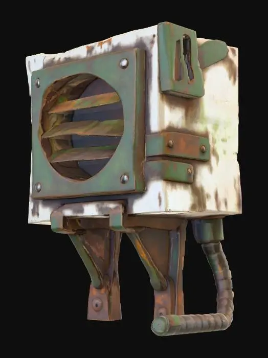 3D model for A rustic, weathered wall-mounted ventilation unit, appearing rectangular and boxy. It's constructed from distressed, off-white painted metal, heavily streaked with reddish-brown rust and dark grime. A recessed, louvered vent on its front shows layers of greenish-brown corrosion. Exposed rivets and metal straps secure various panels. A thick, segmented gray corrugated tube extends from its underside. It feels rough, cold, and metallic, embodying a neglected, industrial aesthetic.