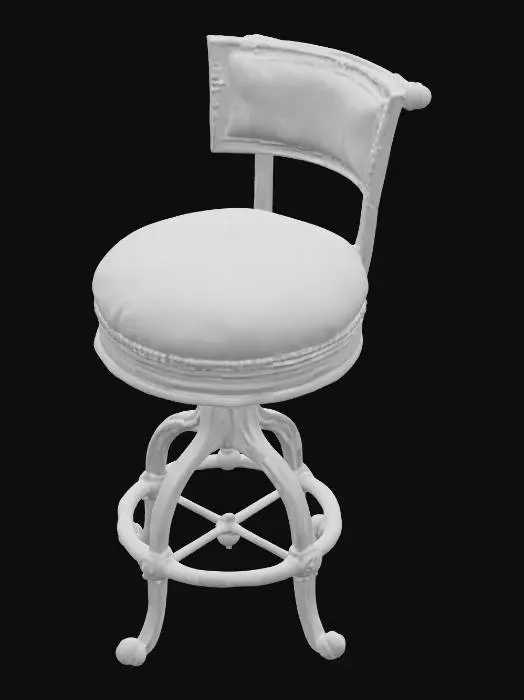 3D model for 一张风格化的吧台椅，其圆形软垫座椅呈现出磨损的青绿色表面，边缘包裹着一圈陈旧的棕色皮革。椅子中央的升降杆由深色、带有粗犷纹理的古铜色金属构成。底部是一个宽大而华丽的脚踏圈，同样是古铜色，装饰有复杂的卷曲雕花，并由同样雕刻精美的支脚支撑。金属表面有明显的锈蚀和磨损痕迹，触感粗糙且冰凉沉重，整体散发出一种复古而神秘的炼金术士工坊气息。