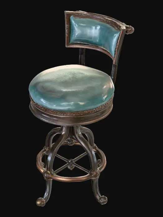 3D model for 一张风格化的吧台椅，其圆形软垫座椅呈现出磨损的青绿色表面，边缘包裹着一圈陈旧的棕色皮革。椅子中央的升降杆由深色、带有粗犷纹理的古铜色金属构成。底部是一个宽大而华丽的脚踏圈，同样是古铜色，装饰有复杂的卷曲雕花，并由同样雕刻精美的支脚支撑。金属表面有明显的锈蚀和磨损痕迹，触感粗糙且冰凉沉重，整体散发出一种复古而神秘的炼金术士工坊气息。