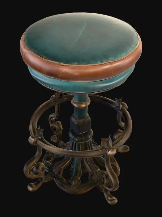 3D model for 一张风格化的吧台椅，其圆形软垫座椅呈现出磨损的青绿色表面，边缘包裹着一圈陈旧的棕色皮革。椅子中央的升降杆由深色、带有粗犷纹理的古铜色金属构成。底部是一个宽大而华丽的脚踏圈，同样是古铜色，装饰有复杂的卷曲雕花，并由同样雕刻精美的支脚支撑。金属表面有明显的锈蚀和磨损痕迹，触感粗糙且冰凉沉重，整体散发出一种复古而神秘的炼金术士工坊气息。
