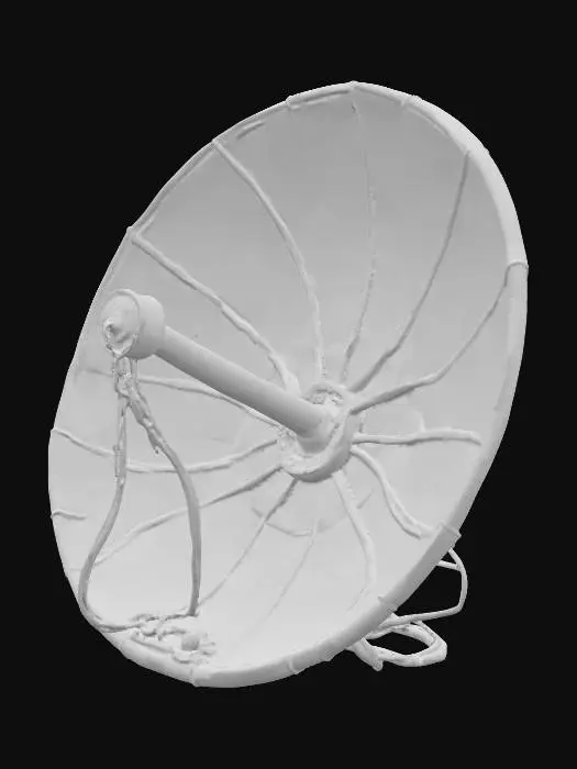 3D model for A heavily weathered, industrial-style parabolic dish, likely a spotlight or antenna, showing severe signs of age. Its large, concave metal reflector is covered in extensive rust and dark brown corrosion, with patches of dull green moss or grime adhering to its surface. A central cylindrical emitter protrudes from the dish. It is supported by an exposed, rust-covered metal frame and thick, coiled wires extending from the back. The material feels rough, gritty, and cold to the touch, with a brittle, peeling texture in places.