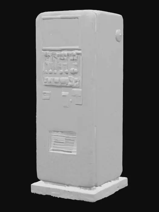 3D model for A stylized low-poly pedestrian safety barrier, painted in bright yellow with subtle weathering and scratches. Made of simple tubular metal pipes connected with joints, mounted on square base plates. Designed for a stylized urban street scene in a 3D game, with exaggerated proportions, clean lines, and soft shading. Slight curvature on edges, hand-painted texture style, ambient occlusion for depth, PBR material ready, isolated on a transparent background., The object is a rectangular, vintage-style vending machine with a weathered, teal surface, featuring round buttons, illuminated signage, and visible wear marks and scratches.