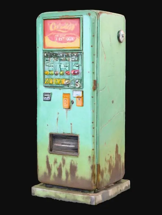 3D model for A stylized low-poly pedestrian safety barrier, painted in bright yellow with subtle weathering and scratches. Made of simple tubular metal pipes connected with joints, mounted on square base plates. Designed for a stylized urban street scene in a 3D game, with exaggerated proportions, clean lines, and soft shading. Slight curvature on edges, hand-painted texture style, ambient occlusion for depth, PBR material ready, isolated on a transparent background., The object is a rectangular, vintage-style vending machine with a weathered, teal surface, featuring round buttons, illuminated signage, and visible wear marks and scratches.