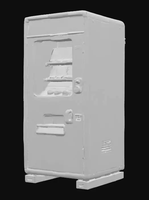 3D model for A stylized low-poly pedestrian safety barrier, painted in bright yellow with subtle weathering and scratches. Made of simple tubular metal pipes connected with joints, mounted on square base plates. Designed for a stylized urban street scene in a 3D game, with exaggerated proportions, clean lines, and soft shading. Slight curvature on edges, hand-painted texture style, ambient occlusion for depth, PBR material ready, isolated on a transparent background., The object is a rectangular, vintage-style vending machine with a weathered, teal surface, featuring round buttons, illuminated signage, and visible wear marks and scratches.