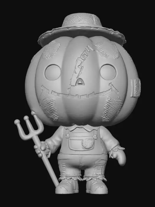 3D model for Pop Mart-style chibi toy figure. Oversized pumpkin-like stitched head, orange gradient with patch details, chibi body in cartoon scarecrow outfit with toy pitchfork, matte vinyl finish.