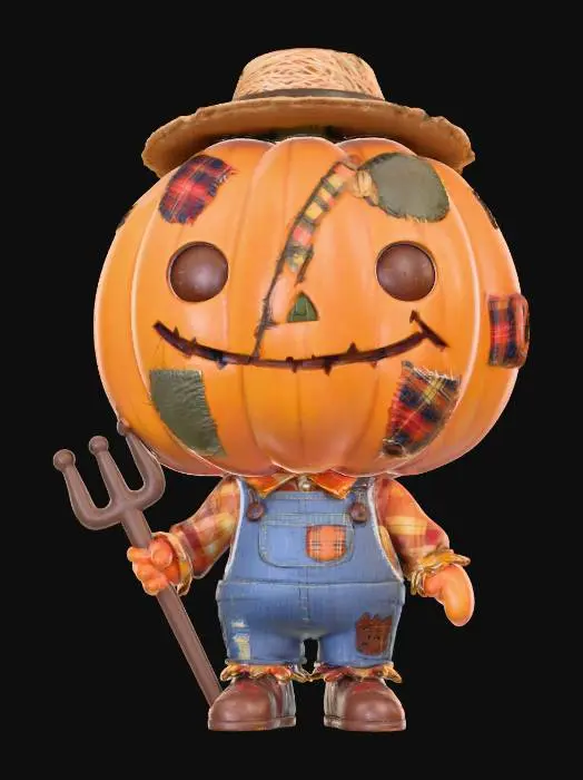 3D model for Pop Mart-style chibi toy figure. Oversized pumpkin-like stitched head, orange gradient with patch details, chibi body in cartoon scarecrow outfit with toy pitchfork, matte vinyl finish.