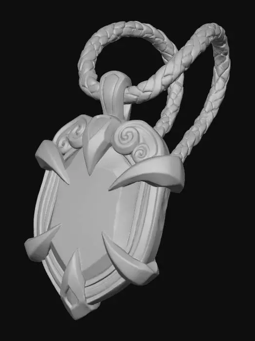 3D model for A stylized glowing amulet made of cracked emerald crystal, wrapped in aged bronze filigree with glowing runes, hanging from a leather cord, hand-painted fantasy texture, soft rim light, dark background, Blizzard-style fantasy prop.