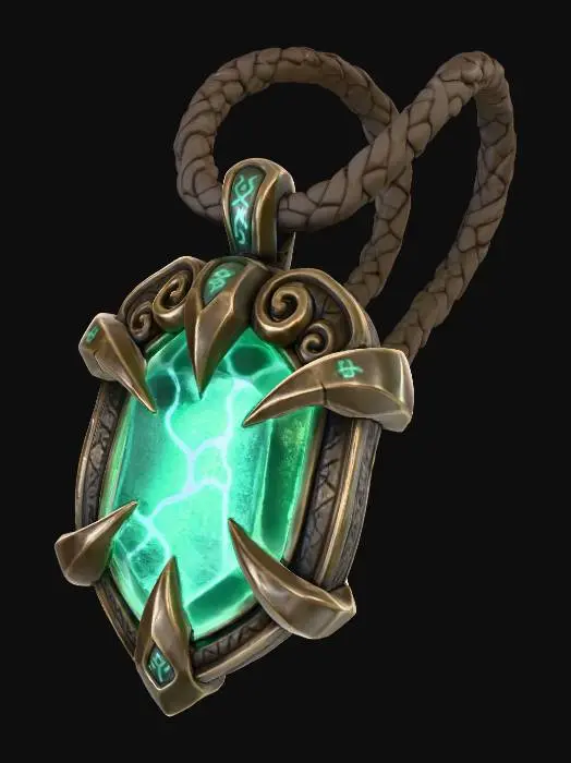 3D model for A stylized glowing amulet made of cracked emerald crystal, wrapped in aged bronze filigree with glowing runes, hanging from a leather cord, hand-painted fantasy texture, soft rim light, dark background, Blizzard-style fantasy prop.