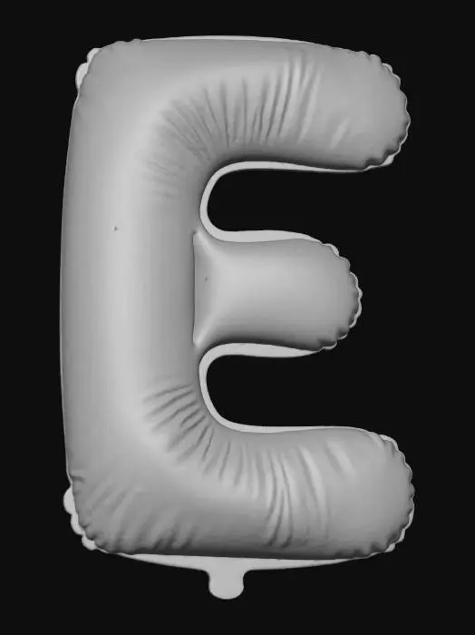 3D model for A captivating, large capital letter E balloon, featuring a striking gradient from a fiery crimson to a vibrant lemon yellow, is showcased against a pale, neutral beige wall. This intense color blend is applied to a high-sheen, reflective foil material, giving it a festive, almost mirror-like quality. The E's shape is bold and full-bodied, conveying impressive volume and an airy lightness. Its texture is crisp and smooth, hinting at a delicate, crinkly surface upon closer inspection.