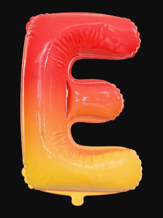 3D model for A captivating, large capital letter E balloon, featuring a striking gradient from a fiery crimson to a vibrant lemon yellow, is showcased against a pale, neutral beige wall. This intense color blend is applied to a high-sheen, reflective foil material, giving it a festive, almost mirror-like quality. The E's shape is bold and full-bodied, conveying impressive volume and an airy lightness. Its texture is crisp and smooth, hinting at a delicate, crinkly surface upon closer inspection.