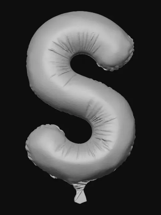 3D model for An artistic capital letter S, rendered as a sophisticated, inflated balloon with a luxurious metallic gradient, is highlighted against a plain, light grey backdrop. It shifts smoothly from a warm rose gold on its outer edges to a sleek, polished silver in its core, offering an upscale, contemporary appeal. The balloon's form is meticulously crafted with flowing, elegant curves, embodying a stable yet aerodynamically buoyant structure. Its texture is smooth and cool to the touch, reflecting ambient light with a soft, elegant sheen.