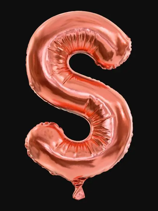 3D model for An artistic capital letter S, rendered as a sophisticated, inflated balloon with a luxurious metallic gradient, is highlighted against a plain, light grey backdrop. It shifts smoothly from a warm rose gold on its outer edges to a sleek, polished silver in its core, offering an upscale, contemporary appeal. The balloon's form is meticulously crafted with flowing, elegant curves, embodying a stable yet aerodynamically buoyant structure. Its texture is smooth and cool to the touch, reflecting ambient light with a soft, elegant sheen.
