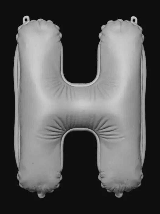 3D model for A celebratory, large capital letter H balloon, featuring a captivating gradient from a sparkling amethyst purple to a cheerful sky blue, is presented against a soft, unfocused pale yellow wall. This intense color blend is applied to a high-sheen, reflective foil material, giving it a festive, almost jewel-toned quality. The H's shape is bold and full-bodied, conveying impressive volume and an airy lightness. Its texture is crisp and smooth, hinting at a delicate, crinkly surface upon gentle touch.