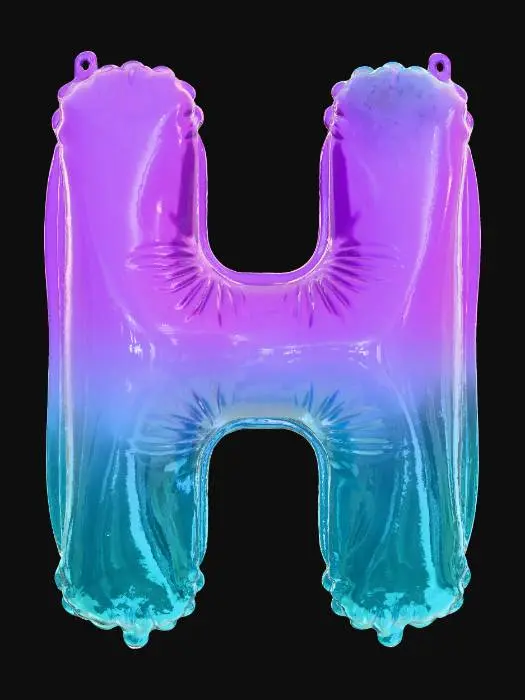 3D model for A celebratory, large capital letter H balloon, featuring a captivating gradient from a sparkling amethyst purple to a cheerful sky blue, is presented against a soft, unfocused pale yellow wall. This intense color blend is applied to a high-sheen, reflective foil material, giving it a festive, almost jewel-toned quality. The H's shape is bold and full-bodied, conveying impressive volume and an airy lightness. Its texture is crisp and smooth, hinting at a delicate, crinkly surface upon gentle touch.