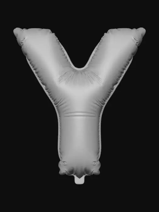 3D model for A striking, inflated capital letter Y, designed as a large, ascending balloon, is featured against a clear, plain white background. Its surface showcases a vibrant gradient from a deep indigo at the base to a brilliant, celestial blue at the branching arms, enhanced by a glossy, reflective mylar finish. The letter's elegant structure is full and robust, yet conveys an effortless lightness, with a smooth, taut texture that suggests graceful buoyancy and readiness to float higher.