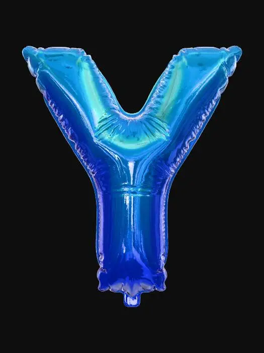 3D model for A striking, inflated capital letter Y, designed as a large, ascending balloon, is featured against a clear, plain white background. Its surface showcases a vibrant gradient from a deep indigo at the base to a brilliant, celestial blue at the branching arms, enhanced by a glossy, reflective mylar finish. The letter's elegant structure is full and robust, yet conveys an effortless lightness, with a smooth, taut texture that suggests graceful buoyancy and readiness to float higher.
