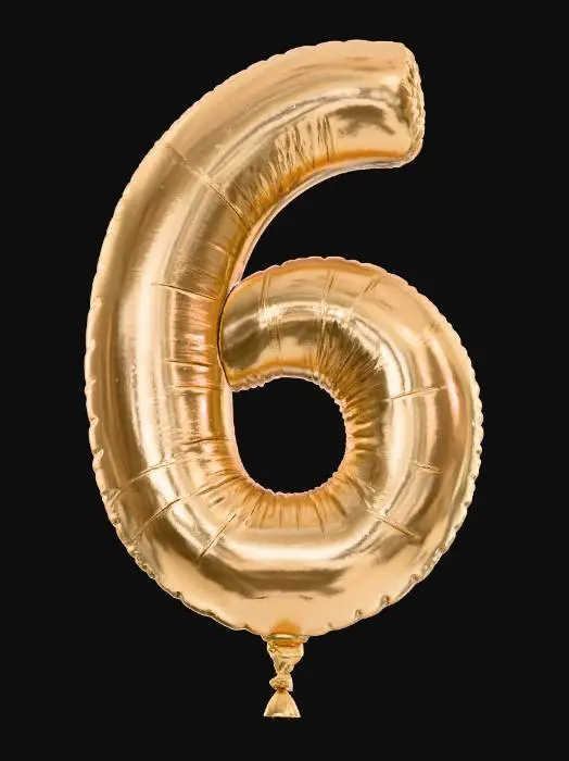 3D model for An elegantly modern digit 6, rendered as a sophisticated, inflated balloon with a luxurious metallic gradient, is positioned against a plain, deep charcoal grey backdrop. It shifts smoothly from a warm antiqued gold on its outer loop to a cool, polished silver at its inner curve, offering an understated yet rich appeal. The balloon's form is sharply defined and volumetrically balanced, embodying a stable yet aerodynamically light structure. Its texture is smooth and cool to the touch, reflecting light with a subtle, contemporary sheen.