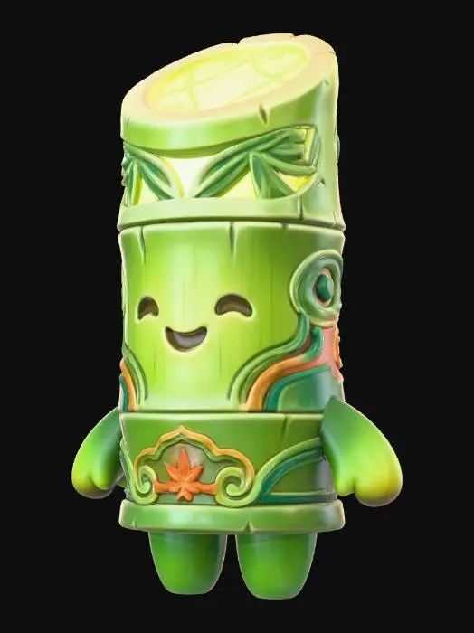 3D model for 研究学习常见的3a游戏风格，道具设计逻辑，不要生搬硬套，生成一套带有青竹元素主题的Chibi游戏道具，不要直接用枫叶作为某一部分，需要理解它的意象，巧妙融入设计，生成游戏道具（数量1），纯黑背景