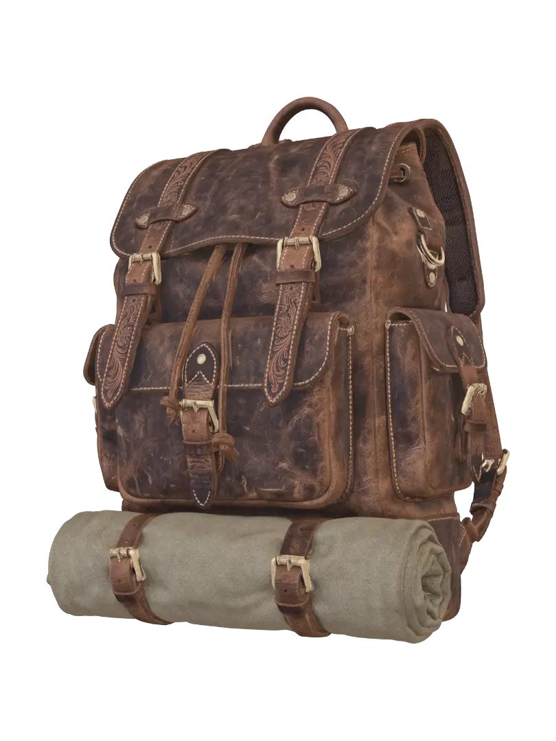 Modelong 3D ng Vintage Leather Backpack with Roll-Up Mat, ginawa ng AI