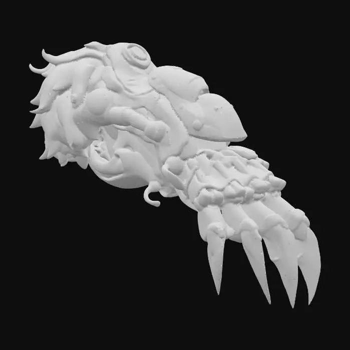 3D model for grey mechanical claw in the style of an Overwatch character design, with black and orange details on a gray background