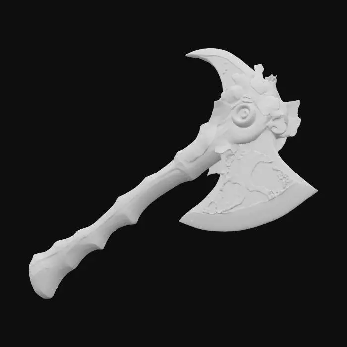 3D model for 一把风格化的战斧，拥有宽阔且棱角分明的斧刃，其木质斧柄上雕刻着密集的秋叶和缠绕藤蔓图案，呈现出深红、焦橙与金黄的斑斓色彩。斧刃由抛光的暗色金属打造，与木柄形成对比。整体造型充满力量感，木材的温润与金属的锋利相结合，触感冰凉而坚实，散发出秋林深处的野性与神秘。