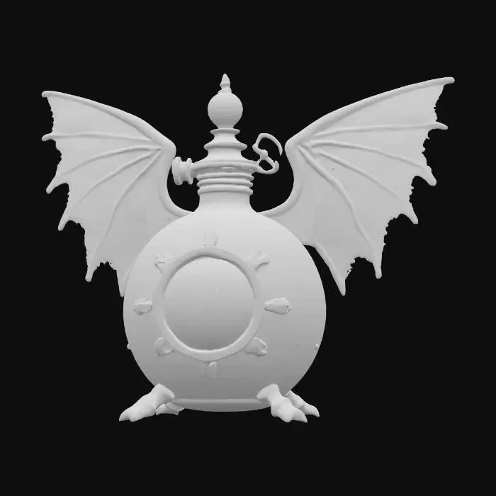 3D model for A mid-sized potion flask, distinguished by its stylized, symmetrical wings extending from each side. The flask's main body is patinated copper, exhibiting a distinct greenish oxidation and subtle worn edges that reveal the underlying metal. Polished brass piping gracefully outlines the wings and body seams, secured with small rivets. A vivid circular red glass module is centrally positioned on the front, firmly held by ornate brass claws. The flask presents a blend of rugged and refined textures.
