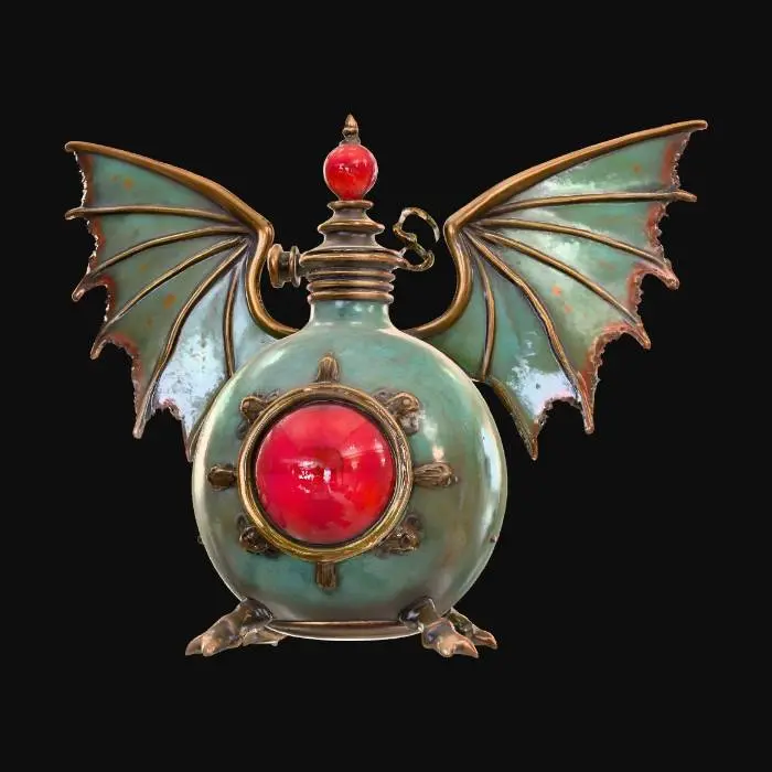 3D model for A mid-sized potion flask, distinguished by its stylized, symmetrical wings extending from each side. The flask's main body is patinated copper, exhibiting a distinct greenish oxidation and subtle worn edges that reveal the underlying metal. Polished brass piping gracefully outlines the wings and body seams, secured with small rivets. A vivid circular red glass module is centrally positioned on the front, firmly held by ornate brass claws. The flask presents a blend of rugged and refined textures.