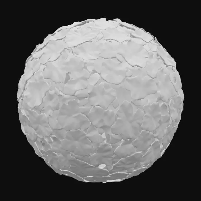 3D model for 一个由盛开的绣球花组成的球形花束,每一朵小花都紧密地簇拥在一起,形成一个饱满的球体。花瓣呈现出柔和的蓝紫色调,边缘略带粉红或白色,显得饱满而富有层次感。花瓣材质细腻如纸,触感柔软而略带弹性,整体感觉轻盈且充满蓬松的生命力。