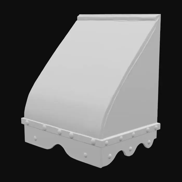 3D model for A weathered fabric awning, featuring alternating dark grey and off-white vertical stripes. Its surface shows visible signs of aging, with subtle rust-colored stains and fading on the fabric. The awning is constructed from multiple panels, creating a gently undulating, folded structure. Several orange-brown, oval-shaped buttons or fixtures are evenly spaced along its top edge. The fabric feels coarse and somewhat stiff from exposure, while the buttons appear solid, giving the entire piece a worn, utilitarian yet classic street-side aesthetic.