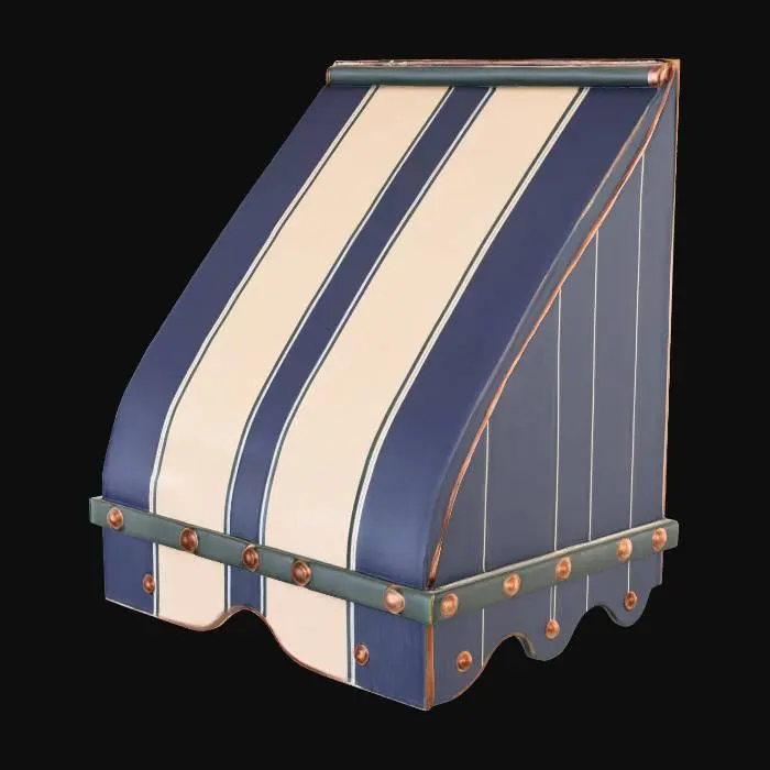 3D model for A weathered fabric awning, featuring alternating dark grey and off-white vertical stripes. Its surface shows visible signs of aging, with subtle rust-colored stains and fading on the fabric. The awning is constructed from multiple panels, creating a gently undulating, folded structure. Several orange-brown, oval-shaped buttons or fixtures are evenly spaced along its top edge. The fabric feels coarse and somewhat stiff from exposure, while the buttons appear solid, giving the entire piece a worn, utilitarian yet classic street-side aesthetic.
