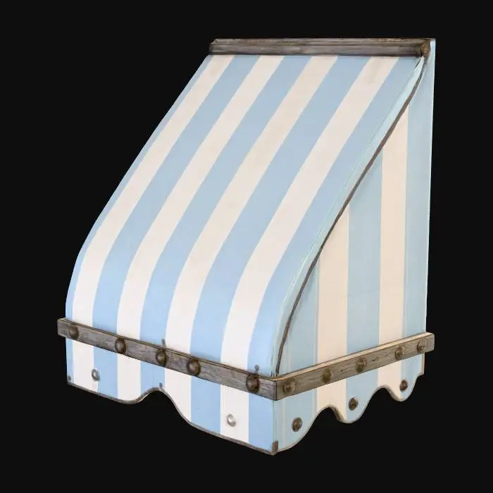 3D model for A weathered fabric awning, featuring alternating dark grey and off-white vertical stripes. Its surface shows visible signs of aging, with subtle rust-colored stains and fading on the fabric. The awning is constructed from multiple panels, creating a gently undulating, folded structure. Several orange-brown, oval-shaped buttons or fixtures are evenly spaced along its top edge. The fabric feels coarse and somewhat stiff from exposure, while the buttons appear solid, giving the entire piece a worn, utilitarian yet classic street-side aesthetic.