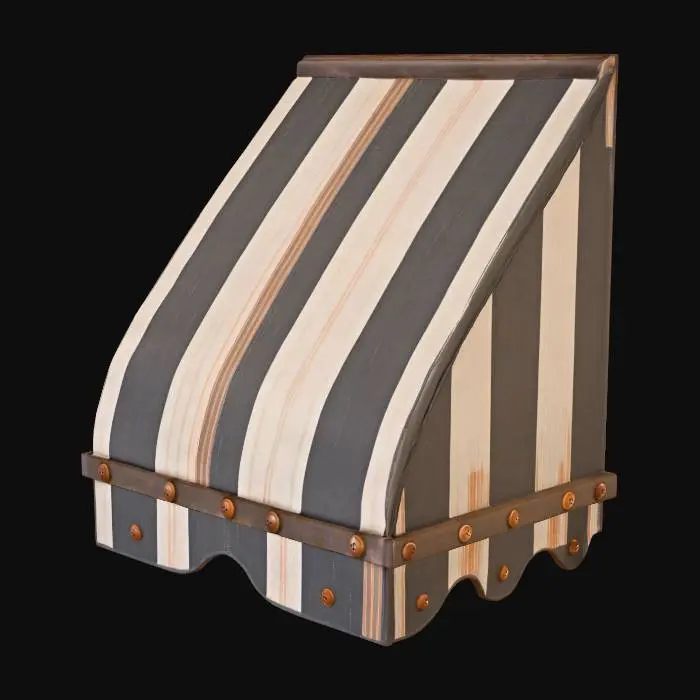 3D model for A weathered fabric awning, featuring alternating dark grey and off-white vertical stripes. Its surface shows visible signs of aging, with subtle rust-colored stains and fading on the fabric. The awning is constructed from multiple panels, creating a gently undulating, folded structure. Several orange-brown, oval-shaped buttons or fixtures are evenly spaced along its top edge. The fabric feels coarse and somewhat stiff from exposure, while the buttons appear solid, giving the entire piece a worn, utilitarian yet classic street-side aesthetic.