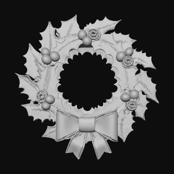 3D model for A stylized PBR 3D game asset, an industrial metal Christmas wreath. The holly leaves are sharp, cut sheet metal plates painted dark green, with heavy rust and visible weld marks. The red berries are oversized copper rivets and rusty ball bearings. A "bow" made of folded scrap metal sheet is at the bottom. Sharp edges, heavy industrial texture, hand-painted metal wear.