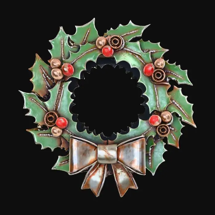3D model for A stylized PBR 3D game asset, an industrial metal Christmas wreath. The holly leaves are sharp, cut sheet metal plates painted dark green, with heavy rust and visible weld marks. The red berries are oversized copper rivets and rusty ball bearings. A "bow" made of folded scrap metal sheet is at the bottom. Sharp edges, heavy industrial texture, hand-painted metal wear.