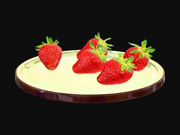 3D model for A whimsical 3D model, inspired by a Ghibli aesthetic, showcasing five plump, dew-kissed strawberries with lush, deep emerald green leaves. They nestle on a hand-carved, slightly uneven light green wooden platter with a rich, dark cherry wood rim. The surfaces possess a smooth, almost glowing texture, yet subtle grain details and soft, diffused painted light give it an ethereal, dreamy quality with gentle, elongated shadows. exactly the same shape of berries and exactly the same position and orientation of berries on platter