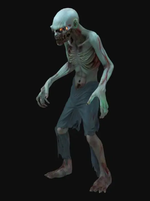 3D model for a horror zombie with a pale skin and glowing eyes , crooked ,Apose, with long neck , long hands , and long legs