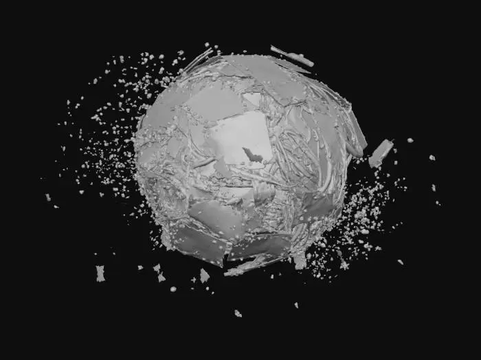 3D model for Generate a 3D model of small space debris with fractured metal panels, exposed wiring, scorch marks, floating rotation, neutral lighting. Add textures with brushed steel, burnt metal, chipped paint, rough surface noise, dark soot layers.