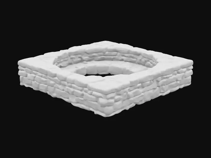 3D model for a hot spring lined with carved stone bricks that are etched with runes. the teal aqua water is luminous and shiny with frothing bubbles. The style is cartoonic with linework around the cel shaded dark earthy colors and rich hues