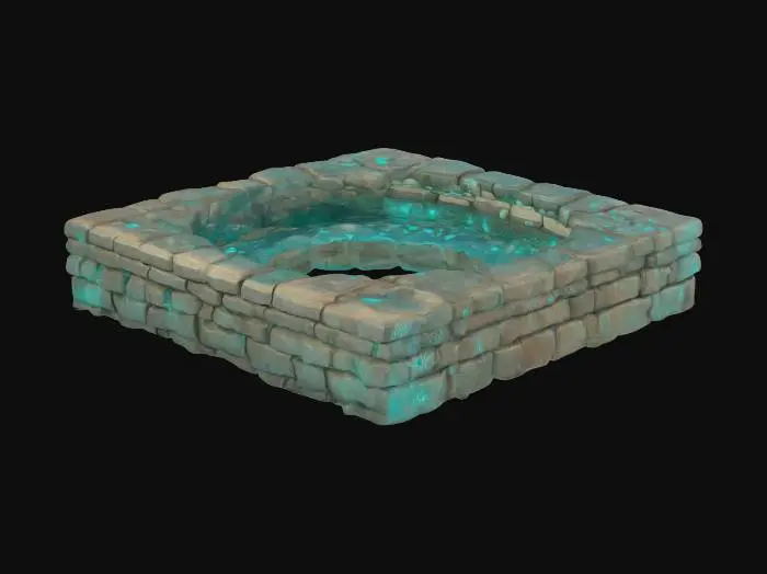 3D model for a hot spring lined with carved stone bricks that are etched with runes. the teal aqua water is luminous and shiny with frothing bubbles. The style is cartoonic with linework around the cel shaded dark earthy colors and rich hues