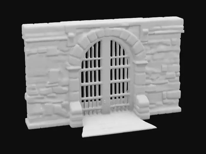 3D model for Iron portcullis gate in stone frame, heavy grid bars, designed to fit standard modular wall opening, separate gate and frame meshes, medieval fantasy style.