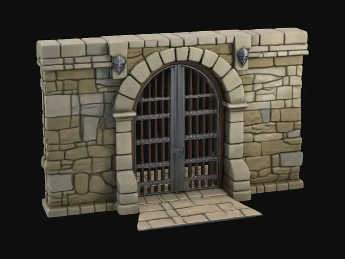 3D model for Iron portcullis gate in stone frame, heavy grid bars, designed to fit standard modular wall opening, separate gate and frame meshes, medieval fantasy style.