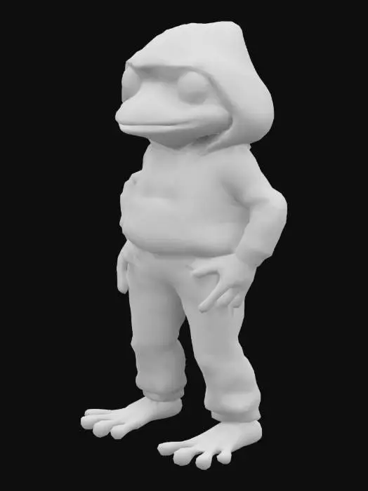 3D model for frog dude wearing a hood and casual clothes in comfy hoodie sweater and jeans with frog legs supporting him