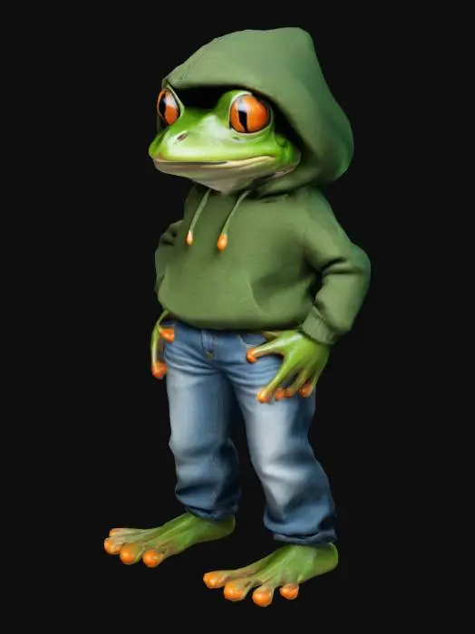 3D model for frog dude wearing a hood and casual clothes in comfy hoodie sweater and jeans with frog legs supporting him